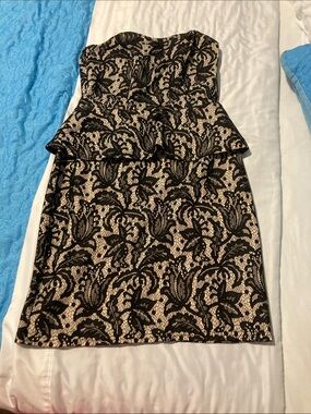 Strapless Black Lace Peplum Dress with Nude Underlay